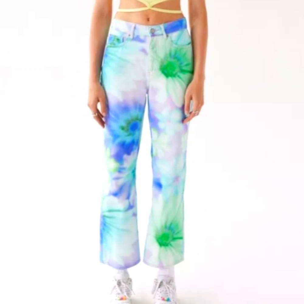 BDG High Waisted Cowboy Jeans - Floral Multi Tie Dye Design - Picture 6 of 8